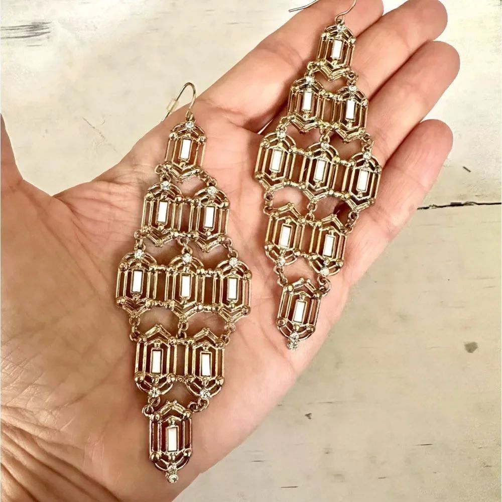 Gold tone white bead rhinestone statement earrings